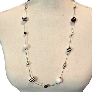 Necklace Vintage Long Beaded Striped Ball Silver Tone Retro Jewelry 26" SKU2135